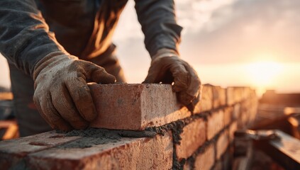 Builder placing brick on sunlit wall