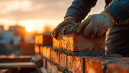 Construction worker laying bricks at sunset, close-up of hands and mortar