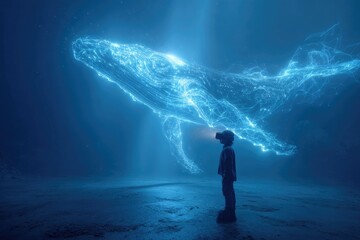 Young person in VR headset gazes at luminous, digital whale underwater