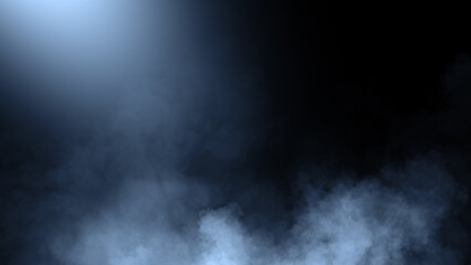 Fototapeta premium Abstract blue misty fog on isolated black background. Smoke stage studio. Texture overlays. The concept of aromatherapy.
