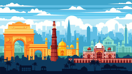 Obraz premium Iconic Landmarks of Delhi A Vibrant Cityscape Illustration Showcasing Historical Architecture and Modern Skyline