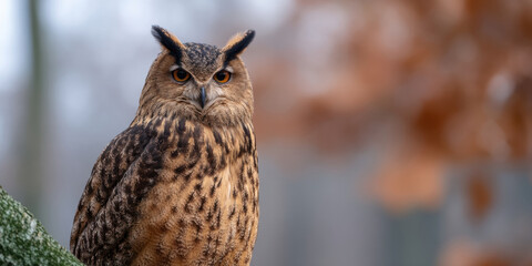 Perched bird prey fall season birding seasonal tree branch owl wildlife animal nature forest autumn leaf brown leaves foliage colorful watching alert eye head beak feather natural light outdoors