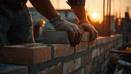 A builder lays bricks at sunset, constructing a wall