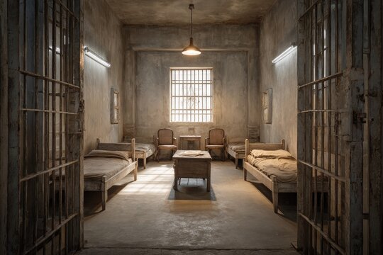 Stark prison cell with four beds, chairs, table, and barred windows - Powered by Adobe