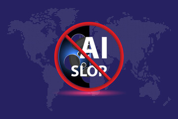 Stop AI slop. A conceptual message about fighting the flood of low-quality and often inaccurate AI-generated content that is overwhelming and polluting the internet.