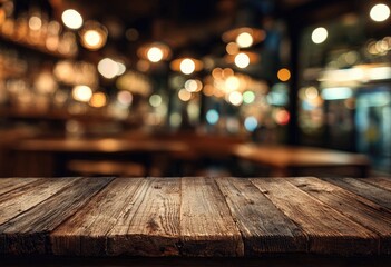 Rustic wooden table foreground with a soft, glowing bokeh background of a bar or restaurant