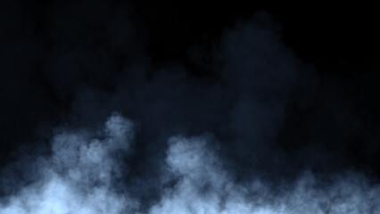 Fototapeta premium Abstract blue misty fog on isolated black background. Smoke stage studio. Texture overlays. The concept of aromatherapy.