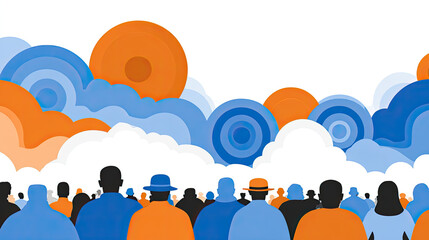Crowd silhouette at abstract sunrise with blue orange clouds