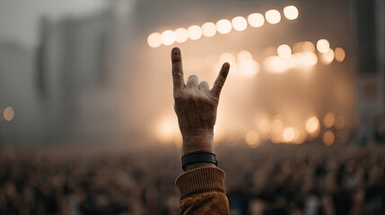 Rock concert fan raising hand in front of stage lights