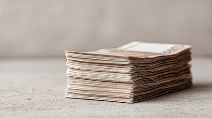 Stack of old banknote on concrete table, warm light, calm mood