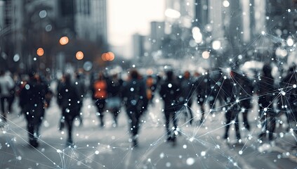 Obraz premium Urban street scene with blurry figures connected by digital network lights