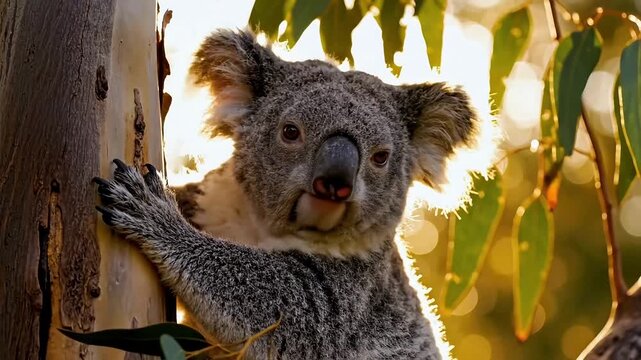 Adorable koala clinging to a eucalyptus tree trunk bathed in warm golden sunlight during sunset