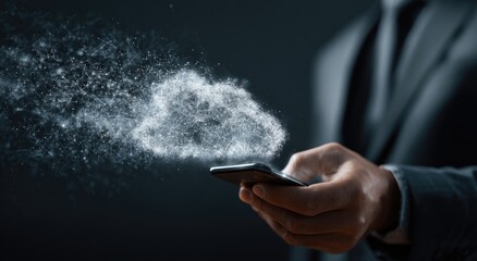 Business professional using smartphone with digital cloud data dissolving into particles