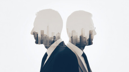 Businessman profile double exposure city skyline silhouette