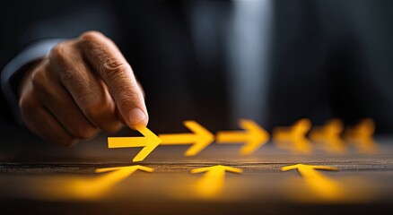 Hand placing a yellow arrow to join a line of arrows