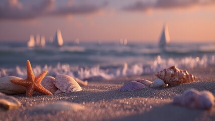 Serene beach sunset with starfish and sailboats. AI image
