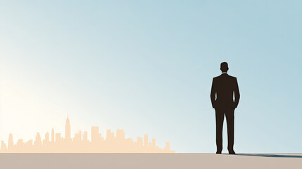 Silhouette businessman overlooking city skyline at sunrise