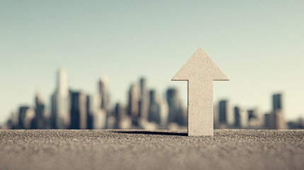 Upward arrow on concrete with blurred city skyline