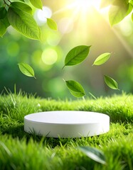 Eco Friendly Product Podium With Floating Green Leaves