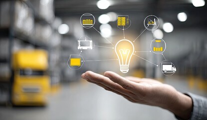Hand holding glowing lightbulb with logistics icons radiating out