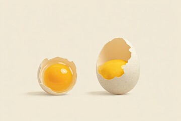 Two cracked eggs on a neutral background, revealing bright yellow yolks