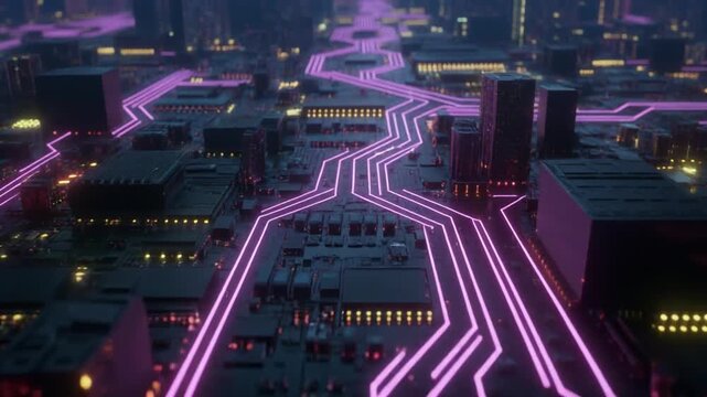 A futuristic digital city and microchip network shows data flowing through intricate glowing neon pathways.