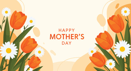 Happy Mother's Day greeting card background with beautiful orange tulips and white daisy flowers on a warm pastel-colored backdrop.