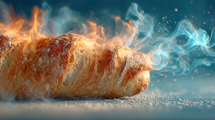 A pastry with flames and smoke emerging from it, resembling a fiery culinary creation.