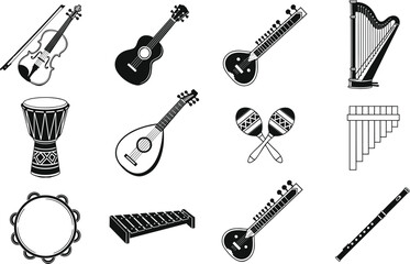 Obraz premium Black and white musical instruments icon set featuring string percussion and wind instruments for education studio orchestra folk music vector