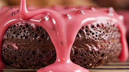 A delectable chocolate donut is lavishly coated with a vibrant glossy pink icing creating an incredibly appetizing and visually appealing sweet treat with the rich glaze gracefully dripping down its .