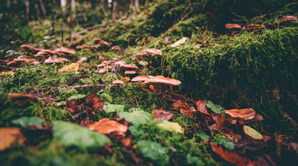 acculturation. Mushrooms growing on forest floor among moss and leaves under sunlight. gardening catalogs, home-decor guides, designed for gardening and botanical catalogs, celebrates nature.
