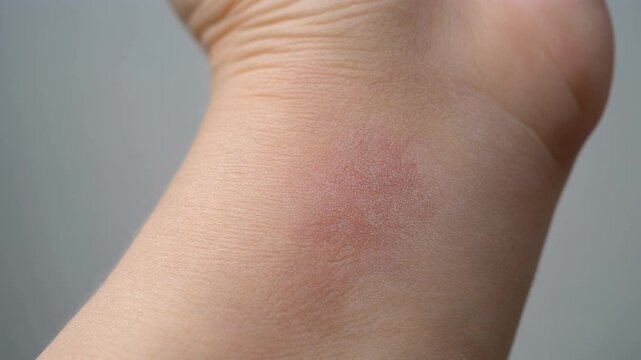 Red skin irritation and allergy reaction on human wrist close up, showing inflammation and rash.