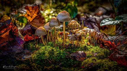 acculturation. Mushrooms growing on forest floor among moss and leaves under sunlight. gardening catalogs, home-decor guides, designed for gardening and botanical catalogs, celebrates nature.
