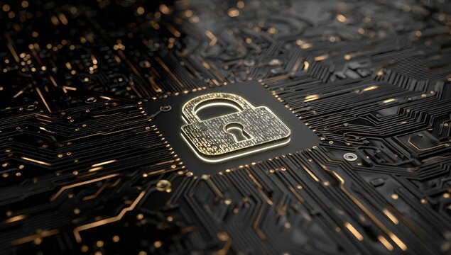 Golden padlock icon on circuit board, glowing circuits, digital security concept - Powered by Adobe