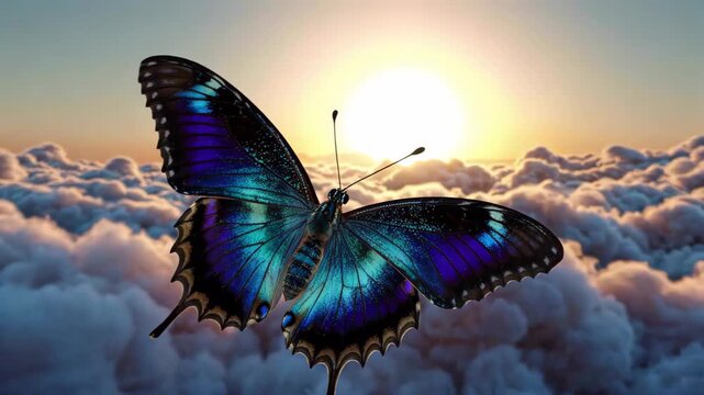 Blue butterflies flying in the sea of clouds