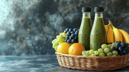 A couple of smoothie bottles next to a fresh basket of fruits, ready to be consumed for a healthy breakfast.