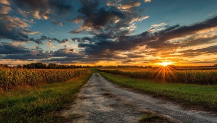 Rural gravel road through golden cornfield at sunset, dramatic clouds