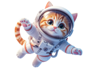 Cute Astronaut Cat Floating in Space Isolated on White Background Futuristic Adventure Concept
