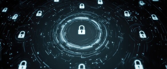 Abstract digital network with interconnected glowing padlocks and circuit patterns