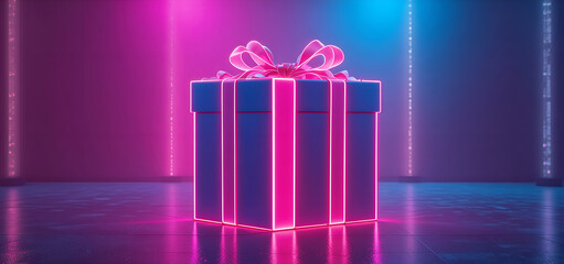 Modern Neon Christmas Gift Box with Glowing Ribbon