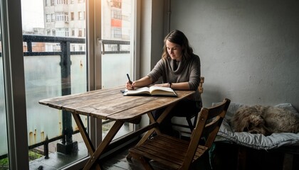 Woman writing in a notebook at a rustic wooden table by a window with her dog sleeping nearby.