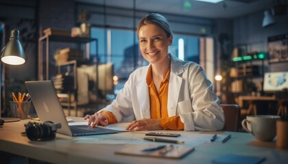 Smiling Female Scientist Working on Laptop in Laboratory.