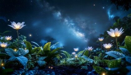 Fantasy night garden with glowing flowers and fireflies under a starry sky.