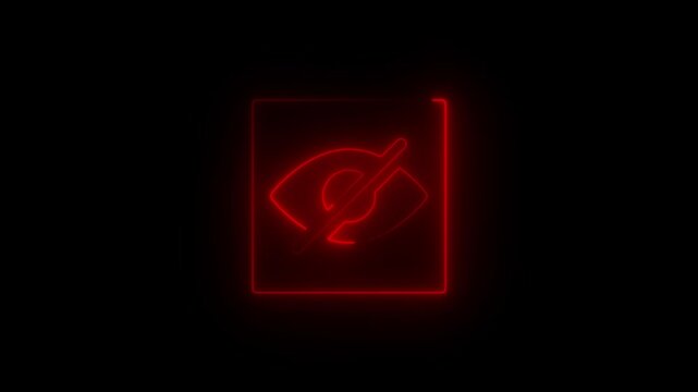Red  Neon Privacy Eye Icon Animation &ndash; Visibility Off or Hidden Mode Symbol on Black Background