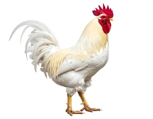 Fototapeta premium Regal rooster with white plumage and striking red comb isolated on white