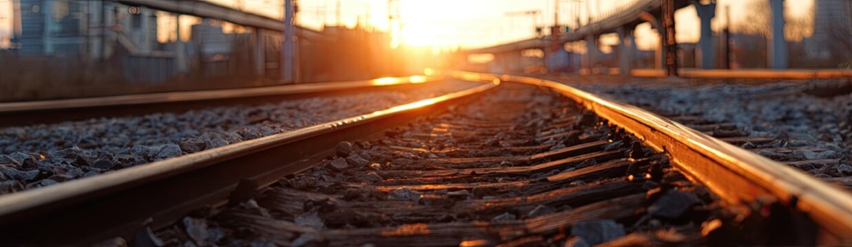 Close-up of train tracks in warm sunset light