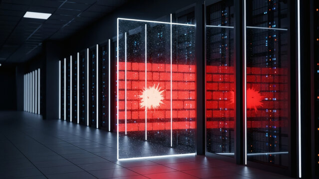 Cybersecurity concept abstract red malware or virus symbol glowing on a server rack in a data center - Powered by Adobe