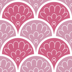 Hand Drawn Pink Floral Seamless Pattern with Scallop Shapes