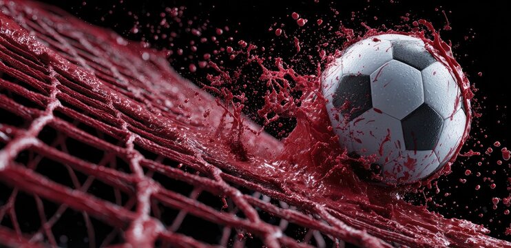 A soccer ball crashes through a net, splashing red liquid everywhere