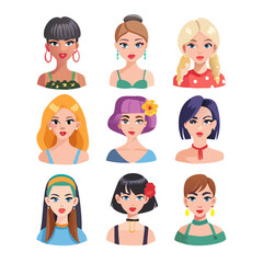 Portraits of different young modern women and girls with various hairstyles and accessories. Set of stylish and fashion female avatars isolated on white background. Colorful flat vector illustration
